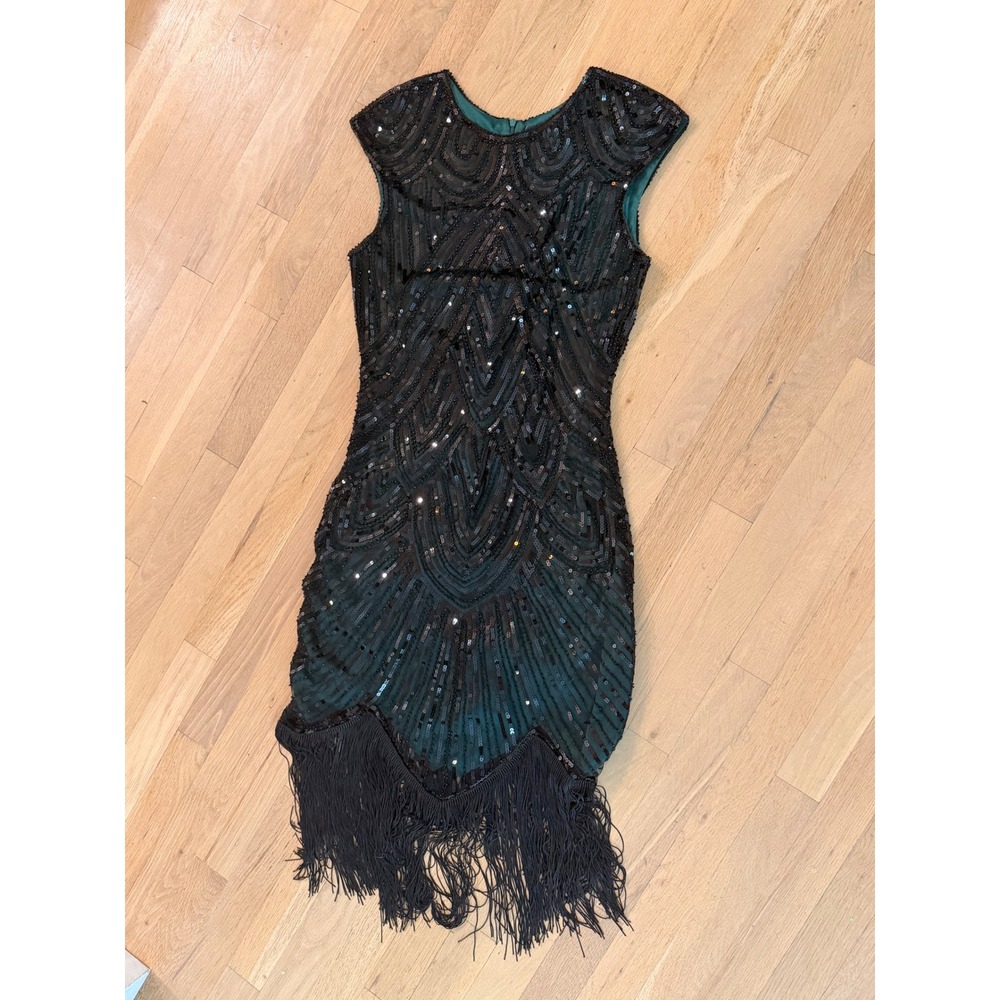 Womens Black Sequin Fringe Flapper Dress Green Lining Gatsby Style M